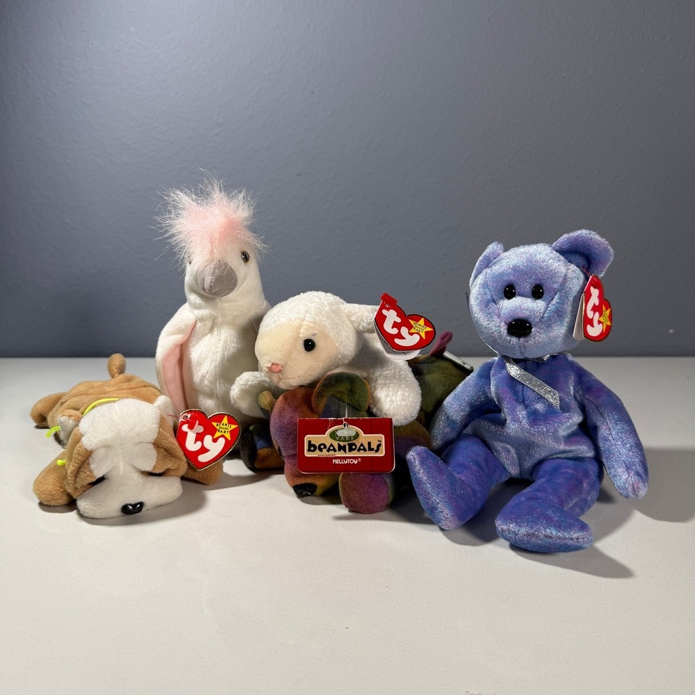 Ty Beanie Babies Lot‎ 5 Peace Bear Curly Dog Legs Sheep Barkley Parrot